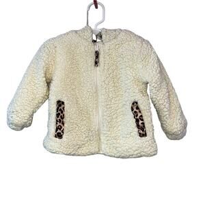 QT Baby Cream Sherpa Full Zip Hooded Jacket with Leopard Cheetah Trim